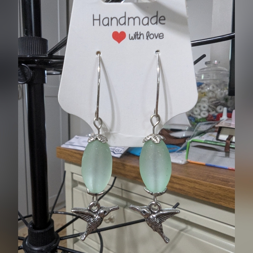 Green and Silver Minimalist Dangle Earrings
